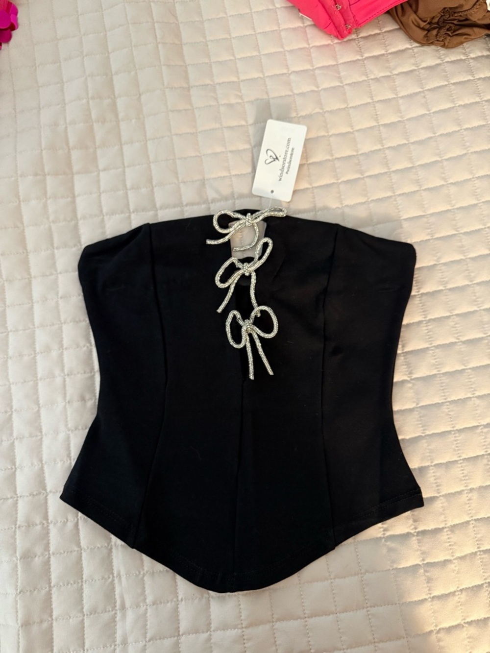 Windsor Black Strapless Corset Top with Silver Bow Accent